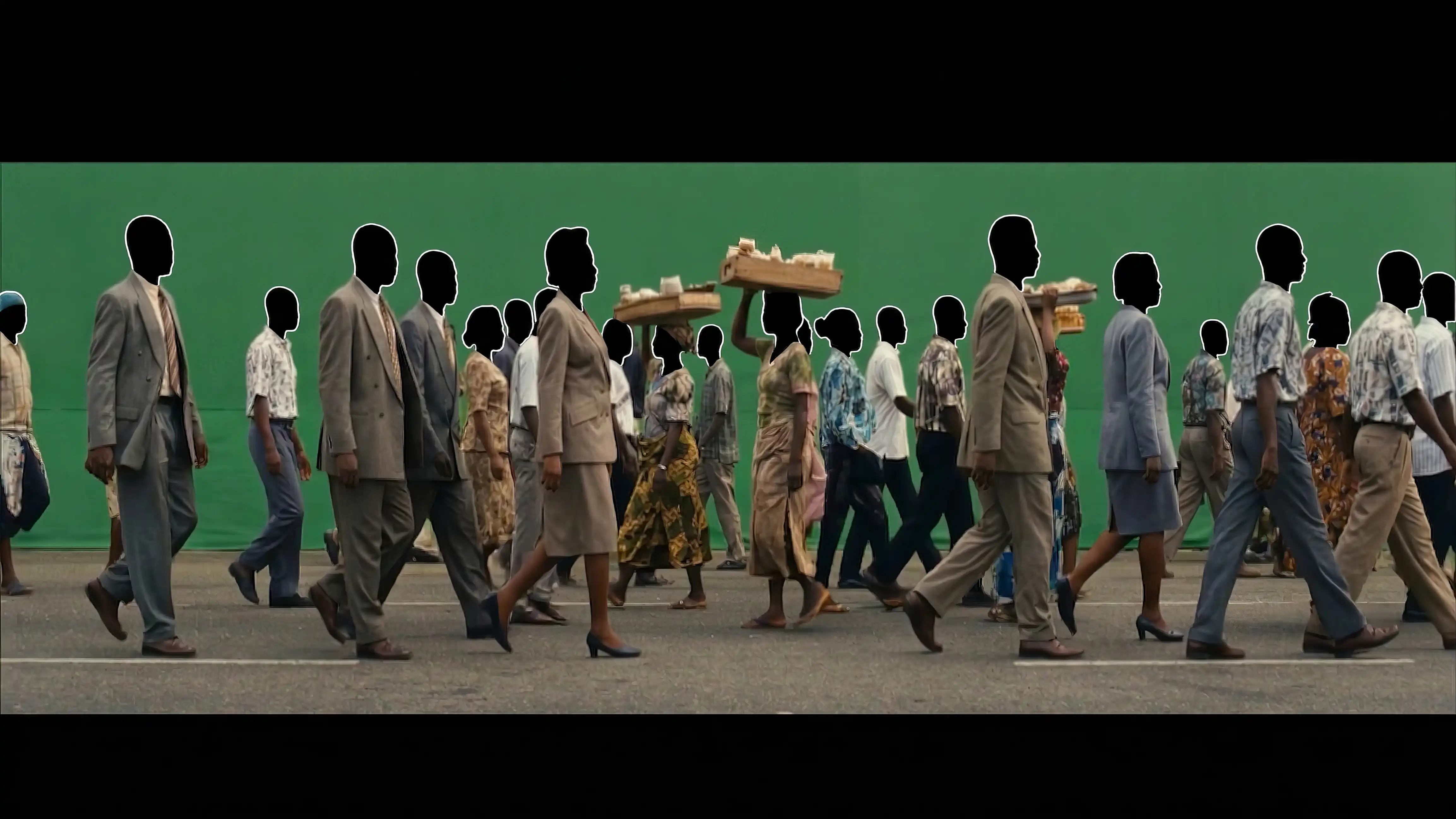 Reference frames displaying the high-contrast black and white block silhouettes applied over the characters' heads to protect visual privacy